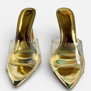 Fashion Nova Gold Pointed-Toe Mule with Clear Strap